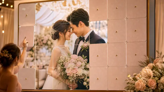 Wedding photo shown as a grid of puzzle tiles on a display — guests reveal each piece together