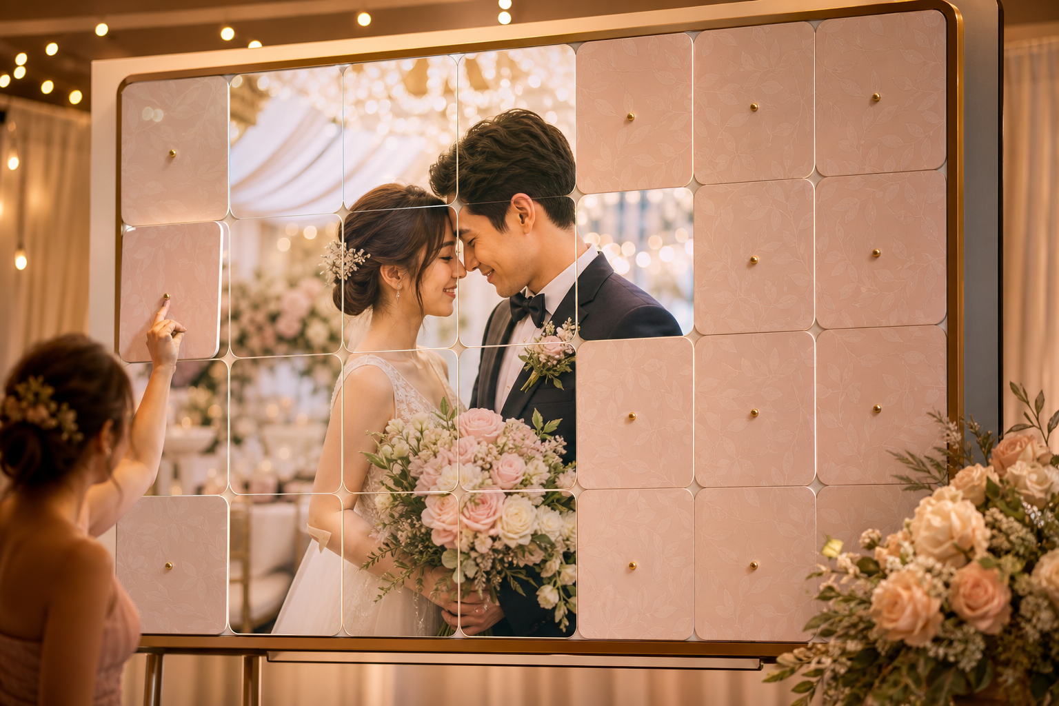 Wedding photo shown as a grid of puzzle tiles on a display — guests reveal each piece together